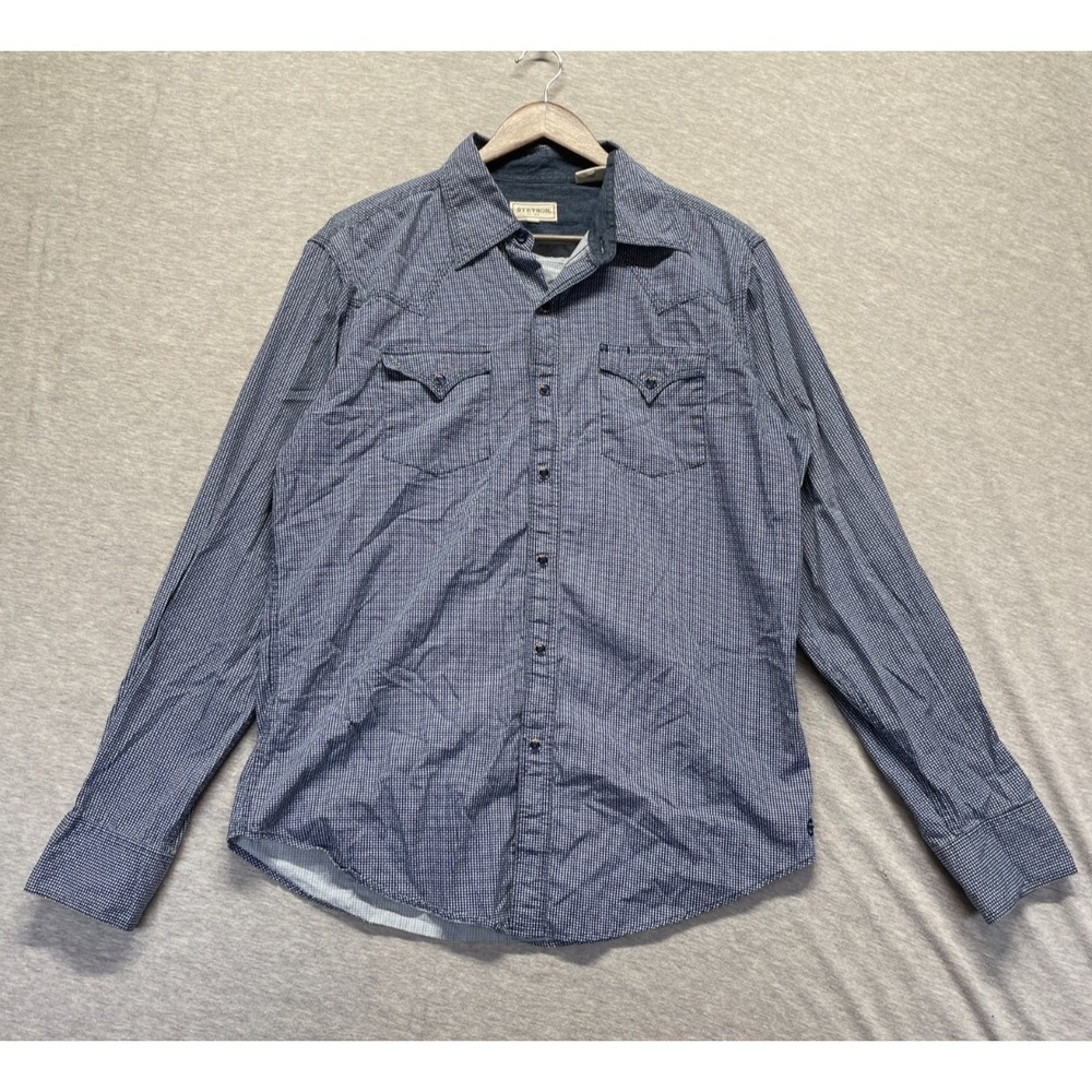 Stetson Western Shirt Mens Large Blue Micro Check Cotton Long Sleeve Pearl Snap